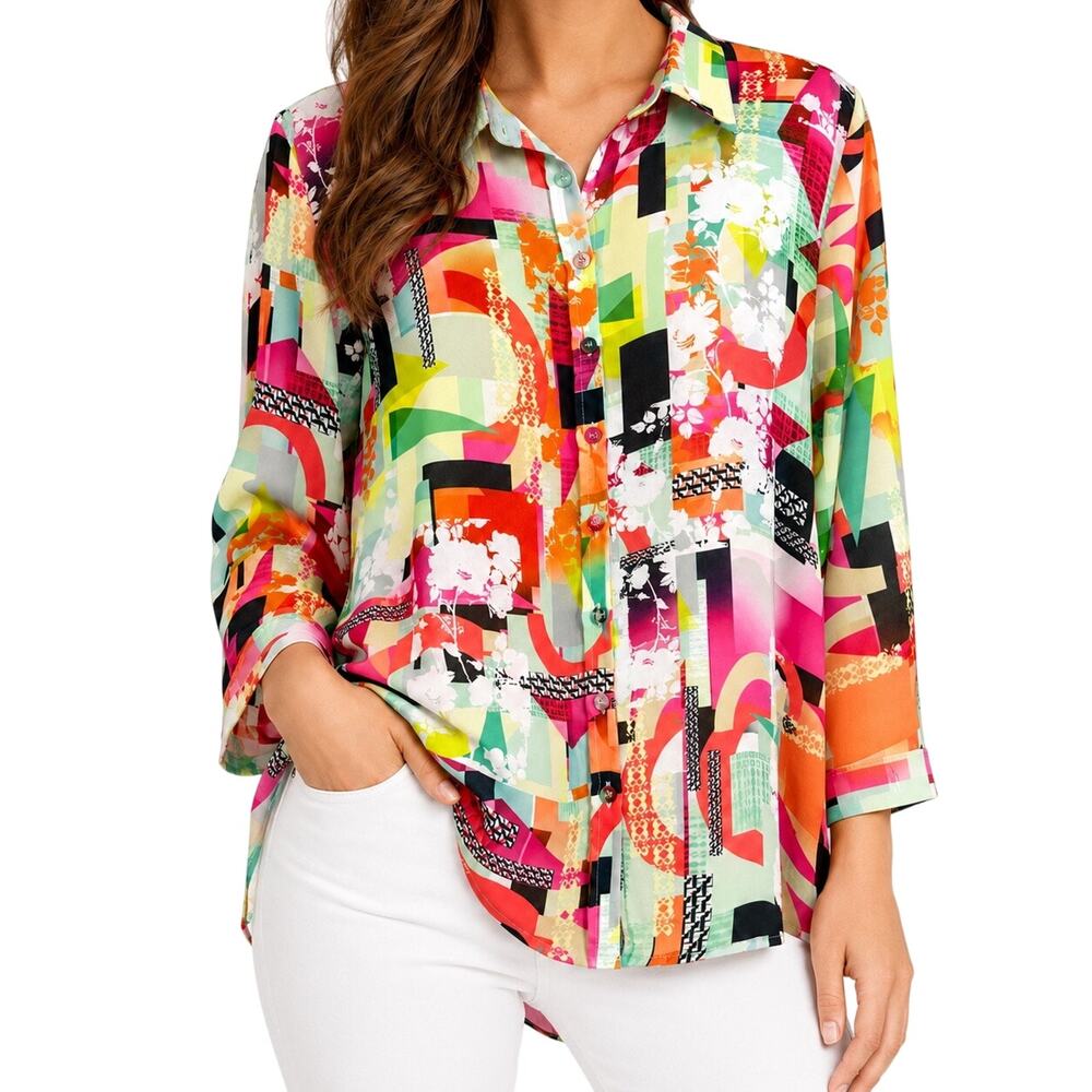 LIOR Paris Womens Large Wearable Art Tropical Artsy Abstract Blouse Shirt Top
